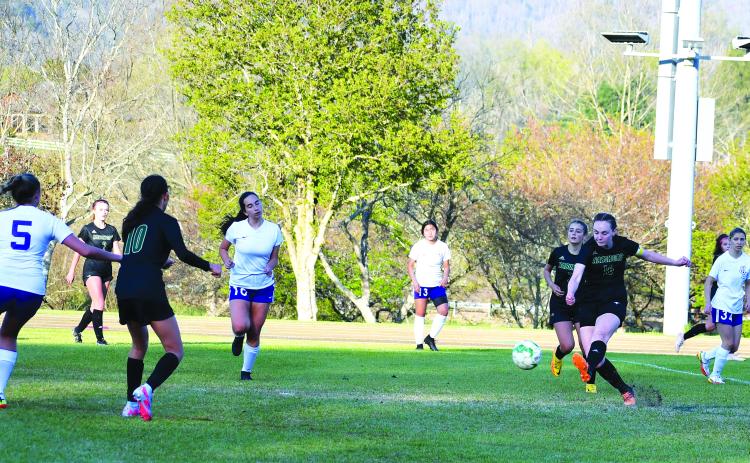 Luke Morey/The Clayton Tribune. Rabun Gap junior Gracie Scott scores against Union County on Thursday, March 30. The Lady Eagles are now 8-0-1 heading into conference play with a match against Asheville Christian Academy on Wednesday, April 5.