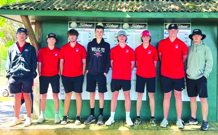 Submitted photo. The Rabun County golf team advanced to the State tournament thanks to a play-off round at the area tournament on Monday, April 24. Pictured from left, junior Blake Weber, sophomore Gauge Sudderth, junior Marcus Remilliard, junior Noah Thurmond, junior Charlie Cuttino, freshman Owen Thompson, junior Jack Hood, and RCHS golf head coach Wes Holcombe.