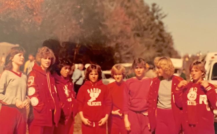 Submitted photo. Members of the Rabun County High School cross country team gather up for a meet in 1982. Team members included (not in order) Tracy Watts, Kelly Shorpshire, Gigi Beck, Tara Dixon, Suzanne Beck, Caroline West, Von Taylor, Perri McCraw, Chrystal King, Kimn Whittaker, Tracy Gregg, Ann Reeves, Robin Sprague, Cindy Keener and Valarie Florence. Coach was Gail Crowe. Below: Rabun head football coach Frank Snyder (left) was assisted by Jack Short during the 1958 season.