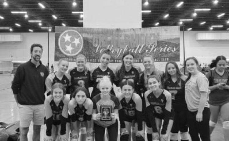 Pictured are the Tallulah Falls Lady Indians volleyball team with their bronze trophy in the Rocky Top Invitational in Tennessee. In front (from left) are Chesney Tanksley, Becca Heyl, Kate Gary, Iva Ristic and Julianne Shirley. In back (from left) Coach Matt Heyl, Ashlyn Yaskiewicz, Claire Kelly, Addy McCoy, Katarina Foskey, Skylyn Yaskiewicz, Julia Smith and Assistant Coach Rebekah Jennings (TFS Athletics)