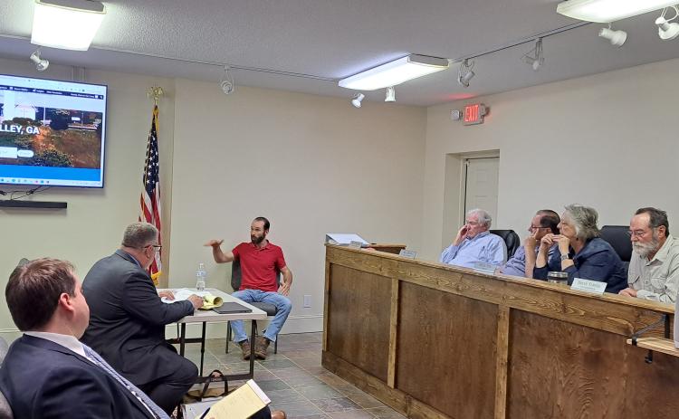 Megan Horn/The Clayton Tribune. Officer Casey Brown was reinstated as a Sky Valley Police Officer after a special called personnel hearing with Sky Valley Council members Oct. 30. Pictured is Brown speaking under oath about his time as an officer. 