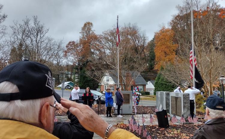 Photo courtesy Conner Horn. Rusty Russ salutes during the Veterans Day Ceremony at Veterans Park in front of the courthouse Nov. 11. Russ is Retired Army National Guard and served in the military for 16 years. He currently lives in Lakemont. 