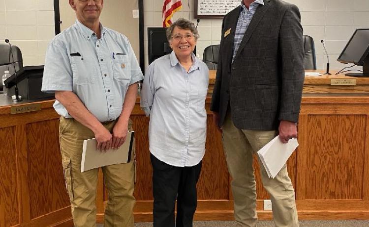 Submitted photo. Dee Daley is pictured with Brendan Thompson, general manager of the RCWSA, and Clayton Mayor Kurt Cannon after being appointed by city council members May 17, 2022. 