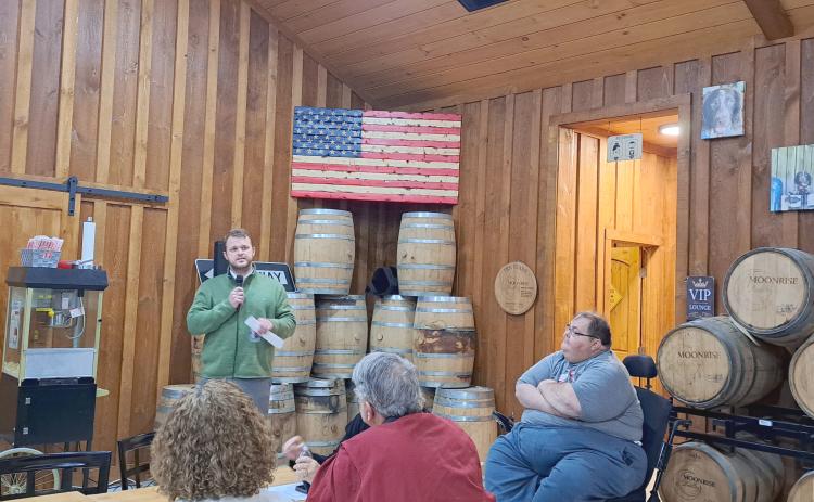 Megan Horn/The Clayton Tribune. Georgia State District 50 Sen. Bo Hatchett speaks to the Rabun County Republican Party and members of the community at Moonrise Distillery during a Town Hall meeting Monday, Nov. 13. 