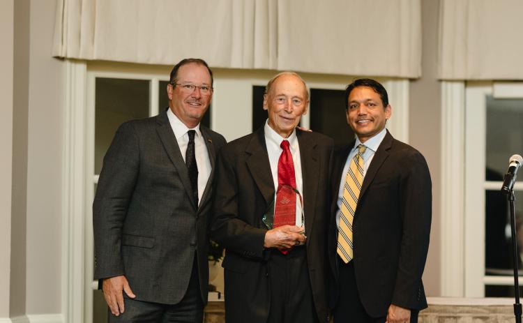 Submitted. Pictured L to R: Chris Bray, president of the NGHS Foundation, Dr. Buddy Langston, award recipient, Dr. Mohak Davé, chief of emergency services at NGMC.