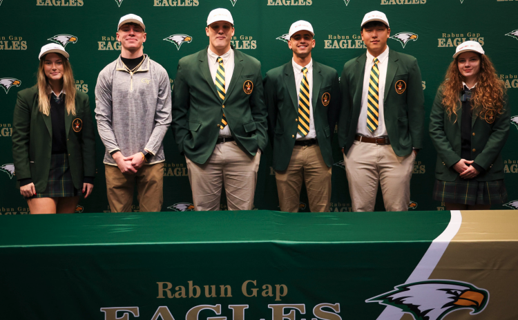 RGNS Athletics. Six Rabun Gap-Nacoochee Eagle student-athletes signed to play at the next level on Wednesday, Dec. 6. The athletes and their respective colleges are (from left) Alegra Black (Young Harris, soccer), Trey Horne (Georgia Tech, football), Felix Doege (Appalachian State, football), Argenis Lopez (Wabash Valley, baseball), Eric Cha (Northeastern, baseball), and Kornelia Ignerska (Barry University, basketball). 