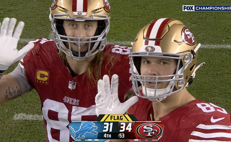 Rabun County football legend and current San Francisco 49er tight end Charlie Woerner joins fellow TE George Kittle in waving to the camera shortly before defeating the Detroit Lions in the NFC championship.
